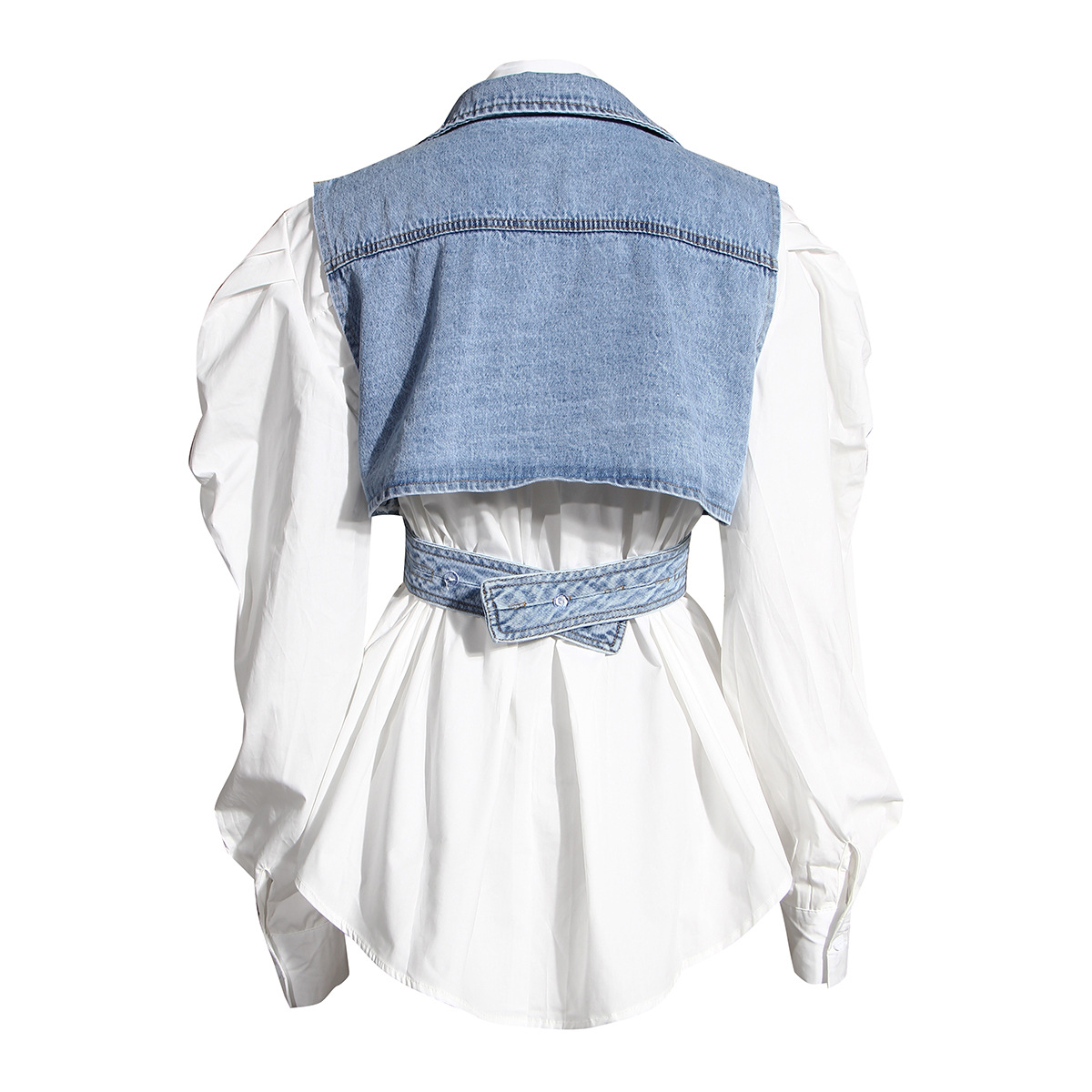 2024 New Two-piece Short Irregular Denim Vest Puff Sleeve Shirt Loose Fashion suit Women