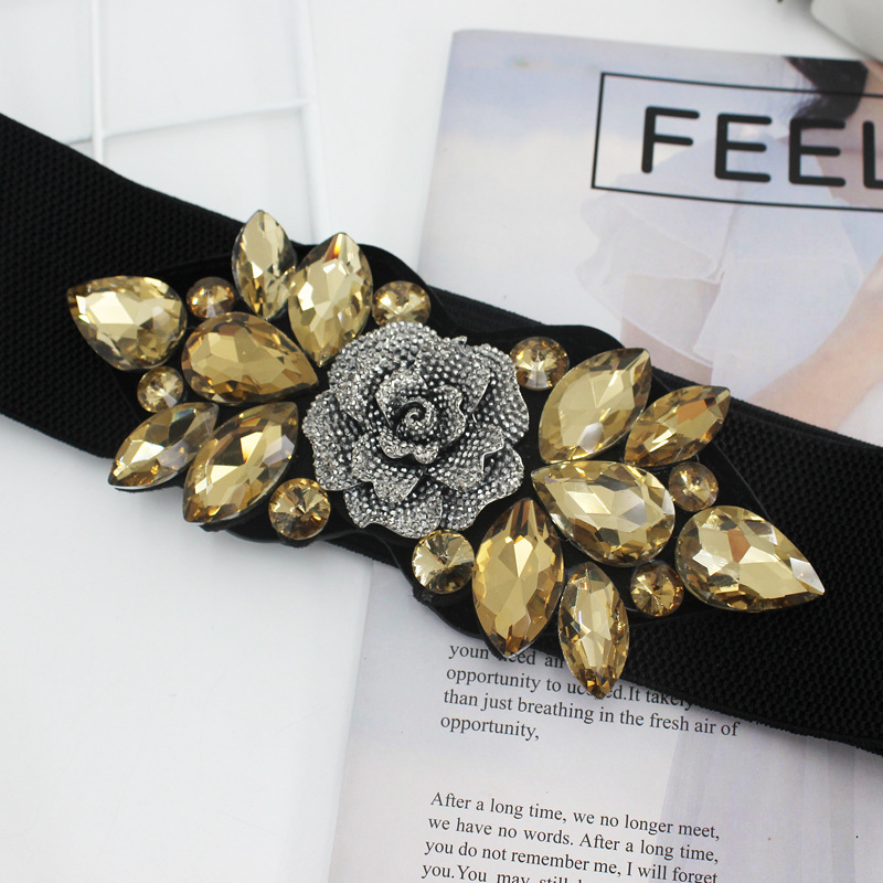 Rose Rhinestone Inlaid Elastic Belt Women's dress Down Jacket Decorative Black Belted Waist Seal