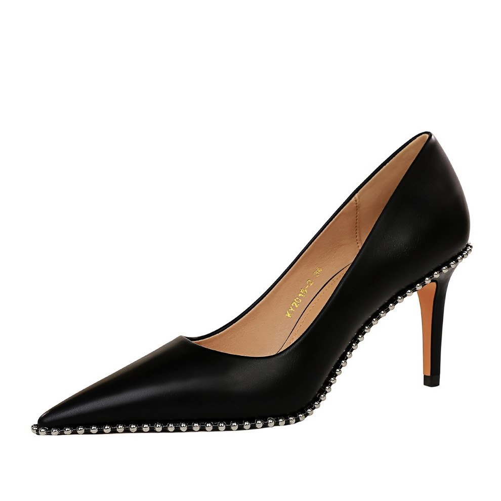 1829-A3 European and American fashion sexy nightclub rock women's shoes stiletto high heel shallow mouth pointed metal beads single-layer shoes