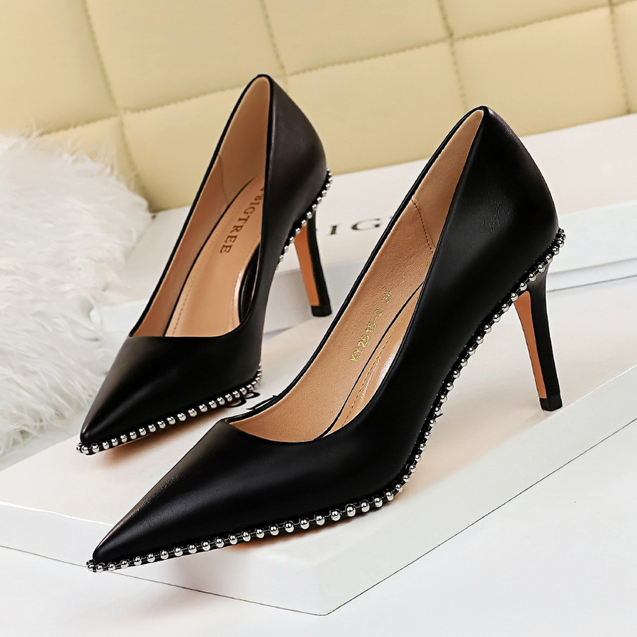 1829-A3 European and American fashion sexy nightclub rock women's shoes stiletto high heel shallow mouth pointed metal beads single-layer shoes