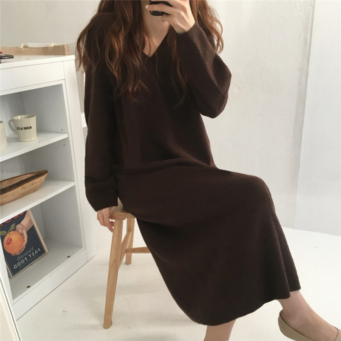 Korean style slimming V-neck chic style multi-color rabbit fur knitted dress long dress sweater loose