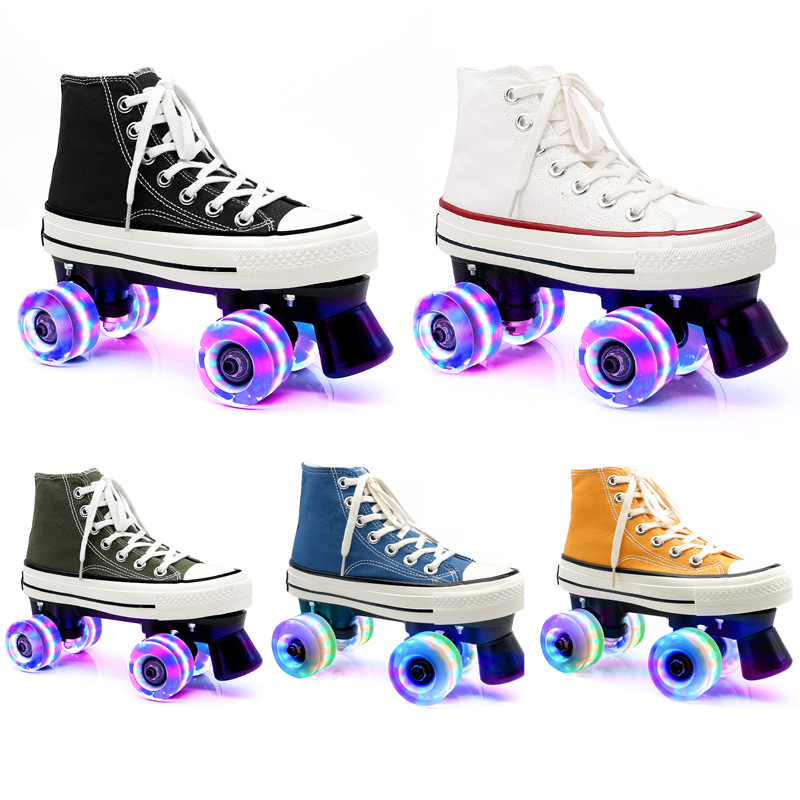Adult double-row roller skates high-top classic canvas skates four-wheel roller skates men's and women's children's leisure flash wheel