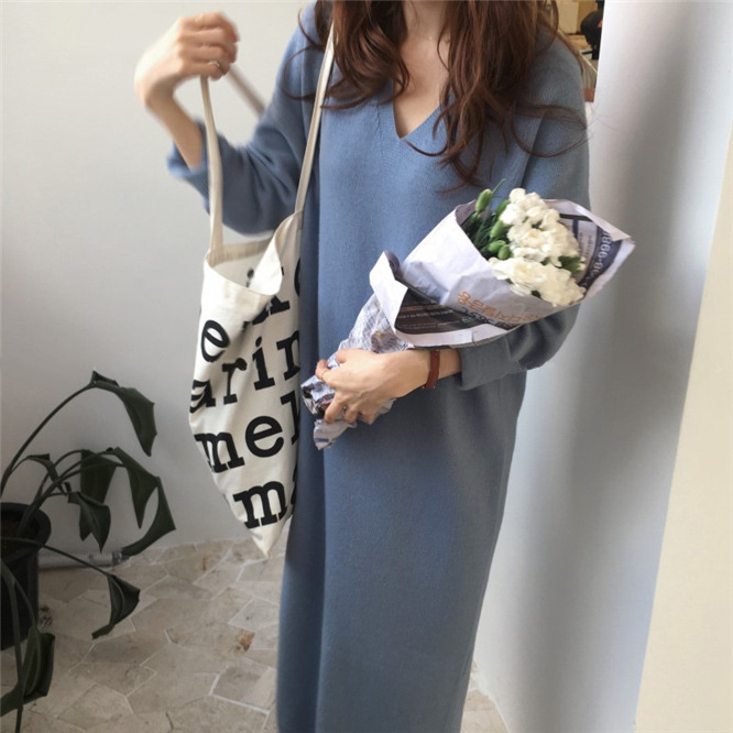 Korean style slimming V-neck chic style multi-color rabbit fur knitted dress long dress sweater loose