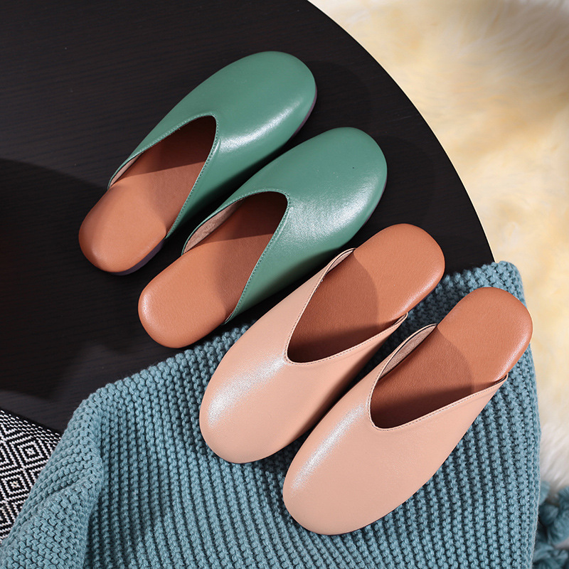 New leather slippers indoor men's closed toe sheepskin women's summer office sandals couple shoes