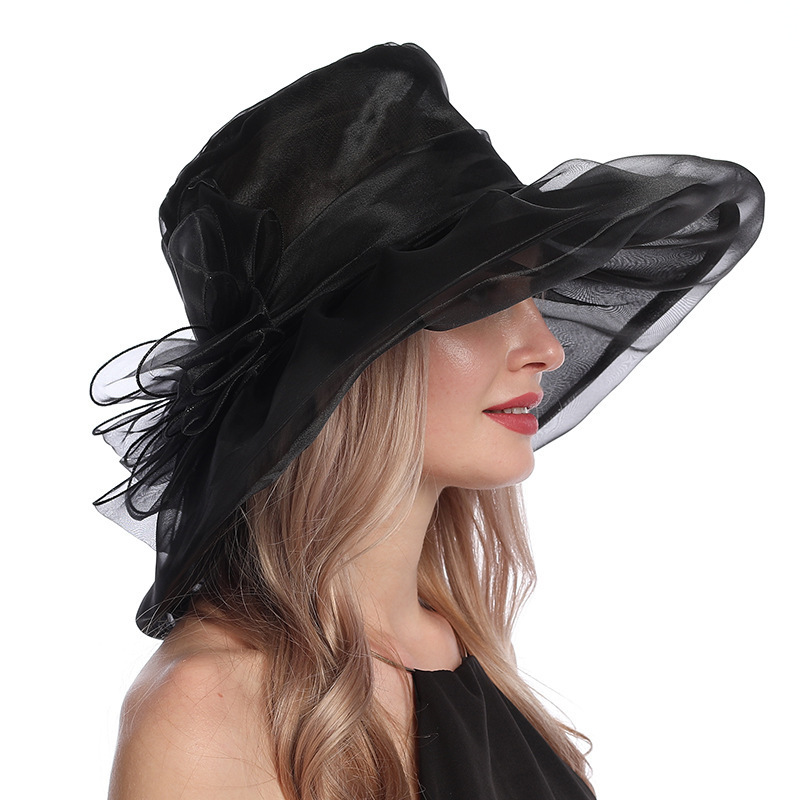 Mesh Women's Hat European and American Summer New Organza Large Rim Sunshade Hat Foldable UV Protection Beach Topper