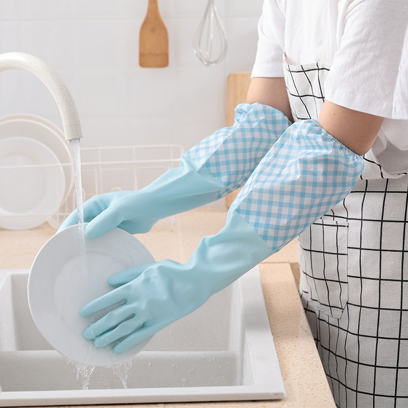 Kitchen household cleaning laundry rubber gloves women's lengthened waterproof durable beautiful single layer drawstring dishwashing gloves