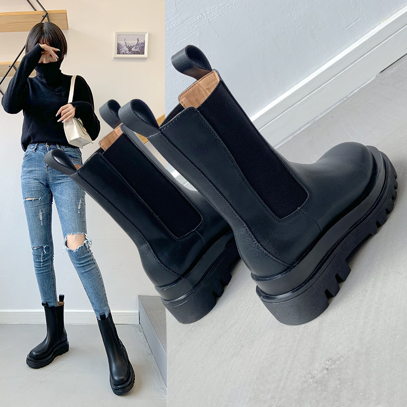 mona網紅同款真皮切爾西靴女2023秋冬厚底煙筒靴長筒馬丁靴女靴子