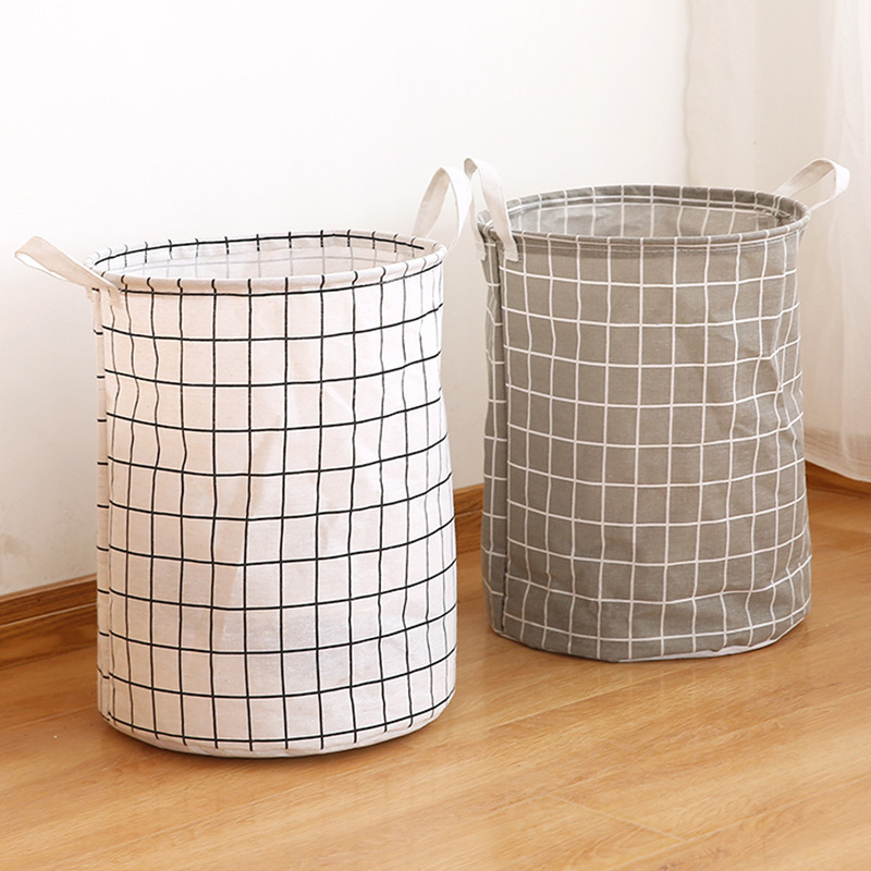 Household Dirty Clothes Basket Toy Storage Bucket Plaid Fabric Cotton and Linen Dirty Clothes Basket Large Foldable Waterproof Storage Basket