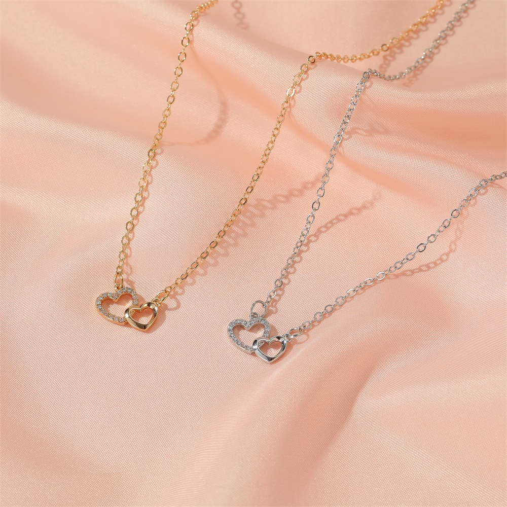 Korean Style Simple All-match Love Necklace Temperament Double Peach Heart Pendant Collarbone Chain Romantic Tanabata Valentine's Day Gift