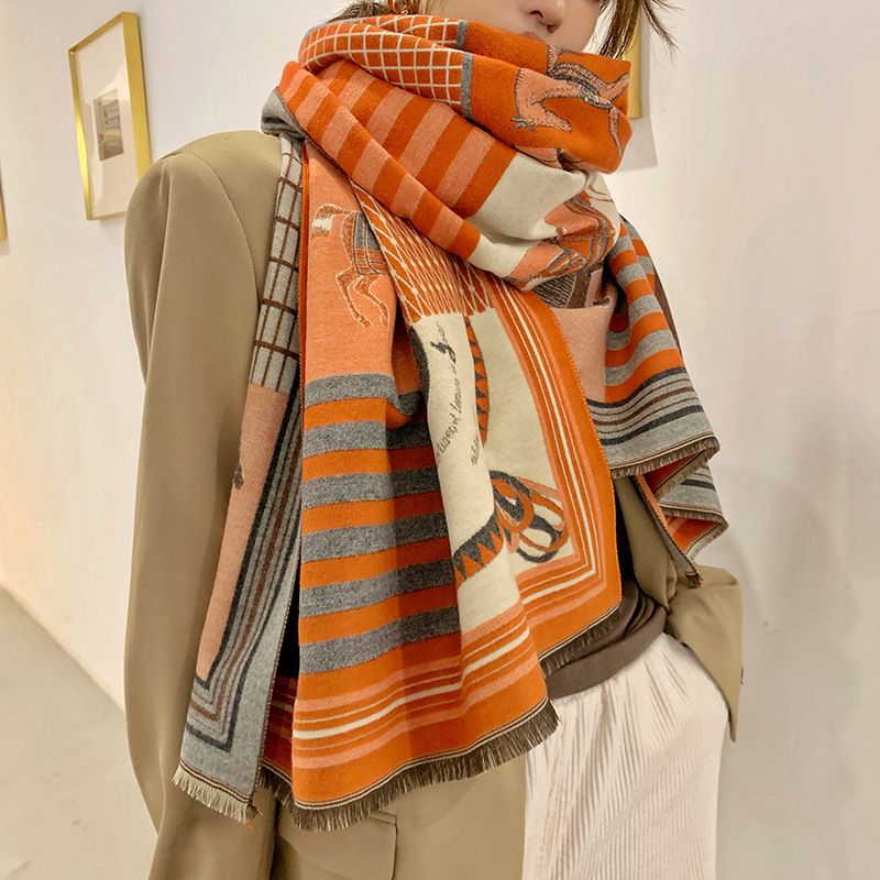 2023 winter European and American imitation cashmere warm carriage scarf women's double-sided two-color shawl long warm scarf