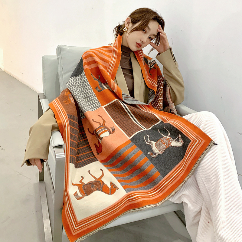 2023 winter European and American imitation cashmere warm carriage scarf women's double-sided two-color shawl long warm scarf