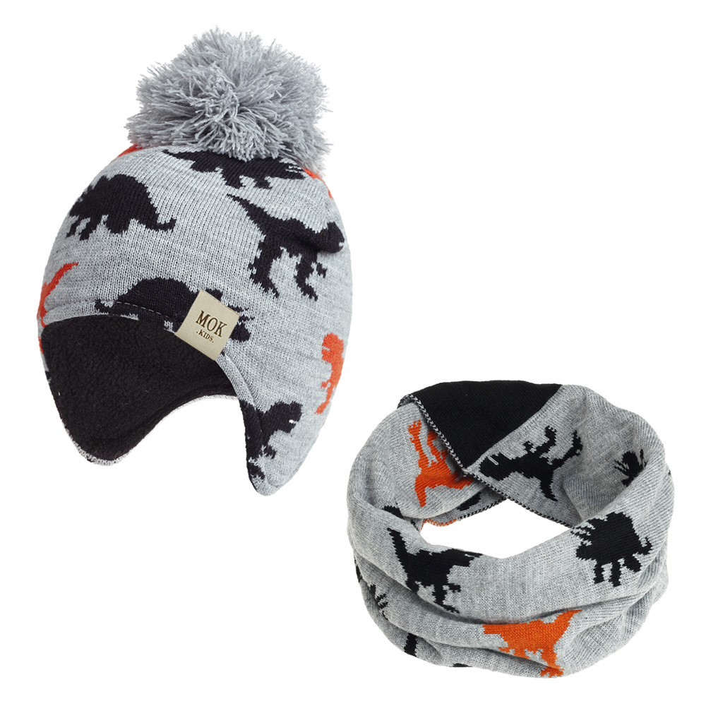 Knitted Hats for Children 2020 Autumn and Winter New Hats and Scarves Sets European and American Dinosaur Jacquard Ear Protection Hats for Boys and Girls