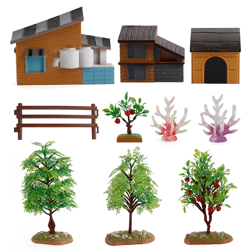 Cross-border Simulation Farm Tree House Scene Model Set Fruit Tree Dog House Fence Children's Micro Sand Table Ornament Toys