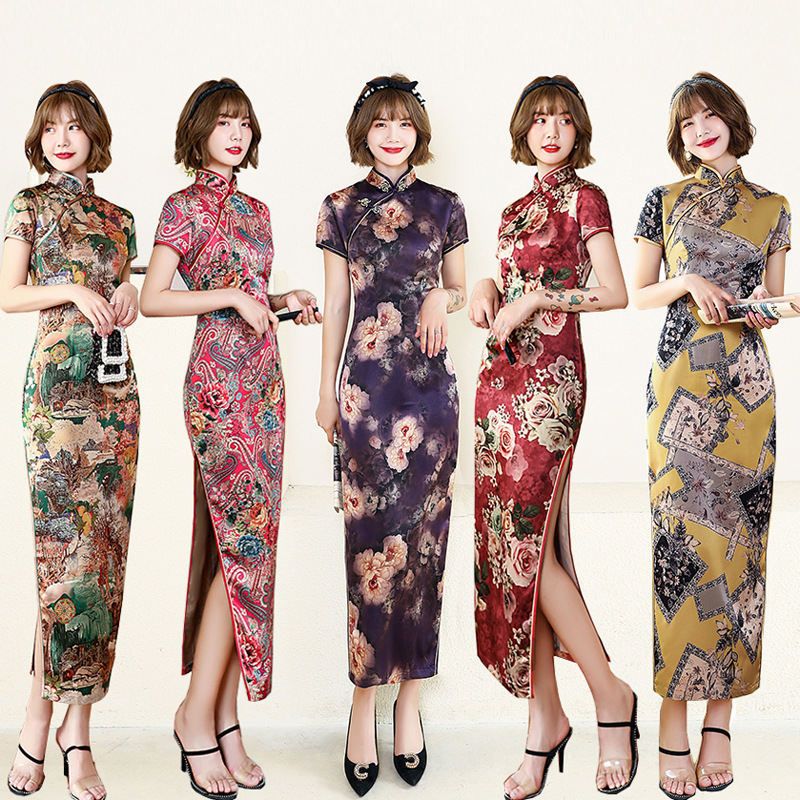 2023 New Summer and Autumn Long Cheongsam Dress Women's Dress Slim-fit Performance Mother's Performance Chinese Style Satin