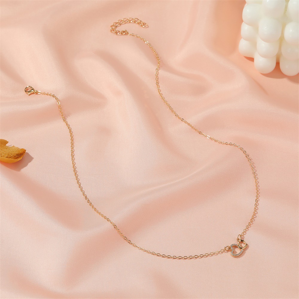 Korean Style Simple All-match Love Necklace Temperament Double Peach Heart Pendant Collarbone Chain Romantic Tanabata Valentine's Day Gift