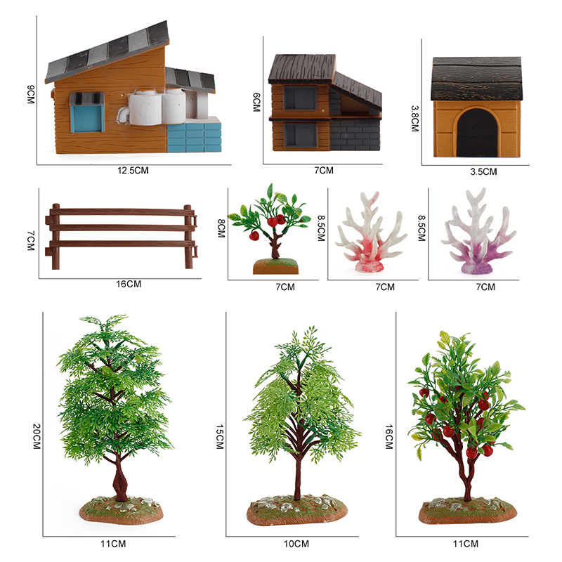 Cross-border Simulation Farm Tree House Scene Model Set Fruit Tree Dog House Fence Children's Micro Sand Table Ornament Toys