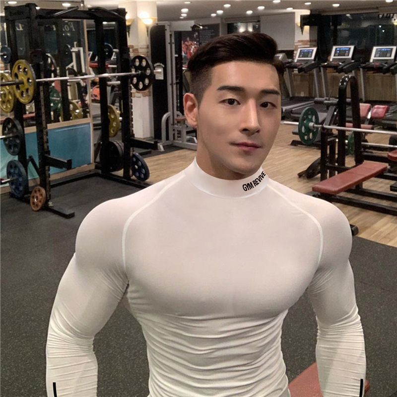 New Sports Outdoor Fitness Clothing Contrast Color Slim Fit European and American Men's Training Long Sleeve T-shirt Round Neck Breathable High Elastic