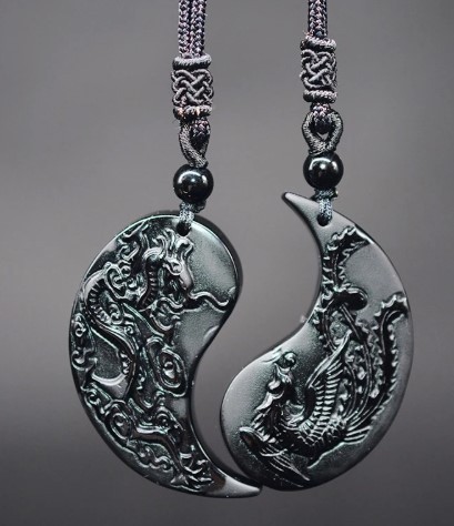 Natural Obsidian Dragon and Phoenix Pendant Necklace Crystal Couple Heart-shaped Dragon and Phoenix Pendant Dragon and Phoenix Chengxiang Foreign Trade Explosions