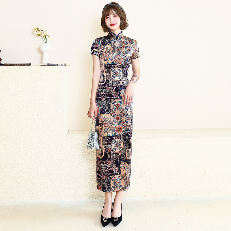 2023 New Summer and Autumn Long Cheongsam Dress Women's Dress Slim-fit Performance Mother's Performance Chinese Style Satin