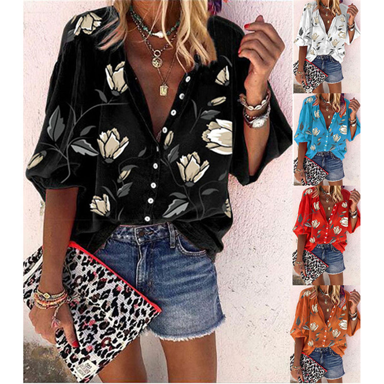 Women's Clothing 2024 European and American Printed Nine-point Long-sleeved Top with Vertical Collar Loose Casual Shirt Women