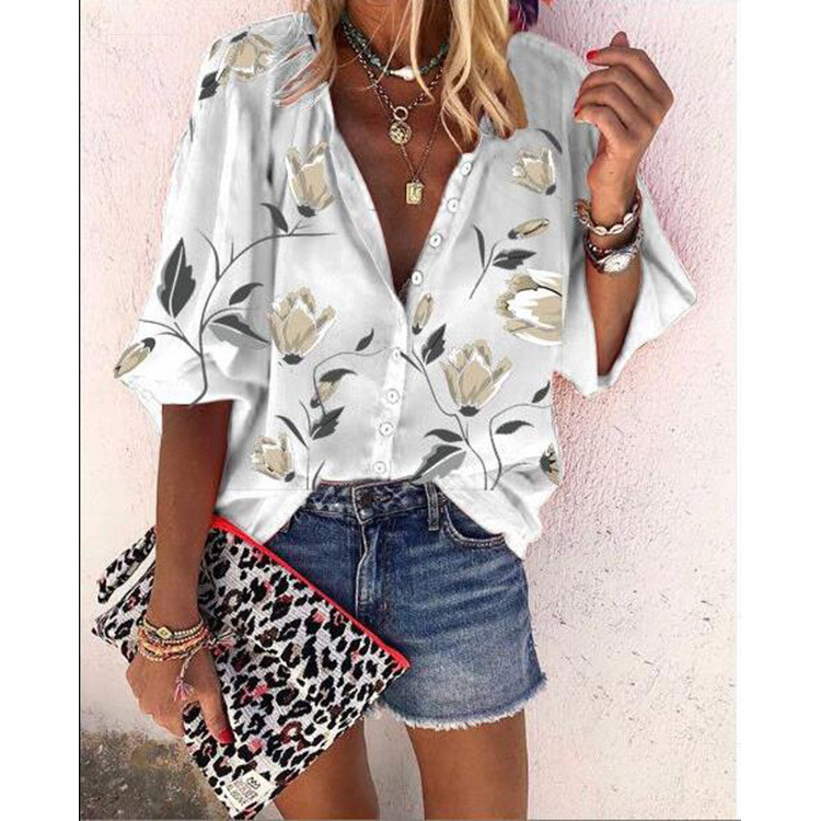 Women's Clothing 2024 European and American Printed Nine-point Long-sleeved Top with Vertical Collar Loose Casual Shirt Women