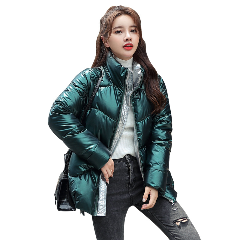 Bright Leather Cotton-padded Coat Women's Turtle Shell New Short Stand Collar Korean Loose Bread Suit Trendy Little Student Coat Winter Coat