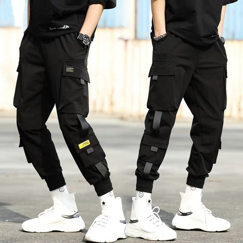 Ankle-tied overalls men's fashion brand trousers ins super popular cropped loose functional harem pants youth casual pants