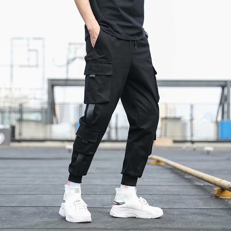 Ankle-tied overalls men's fashion brand trousers ins super popular cropped loose functional harem pants youth casual pants