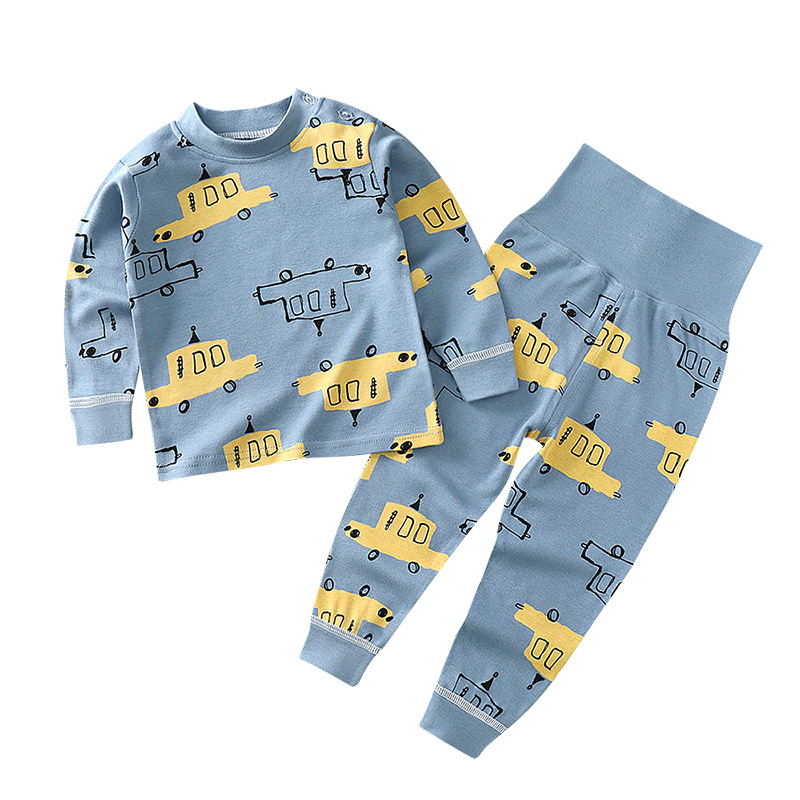 Baby's Autumn Clothes and Trousers Set Pure Cotton Baby Clothes Spring and Autumn Long Sleeve Underwear High Waist Belly Protection for Boys and Girls and Children Split