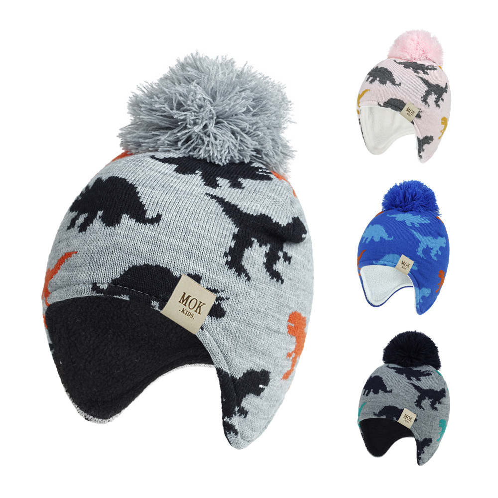 Knitted Hats for Children 2020 Autumn and Winter New Hats and Scarves Sets European and American Dinosaur Jacquard Ear Protection Hats for Boys and Girls