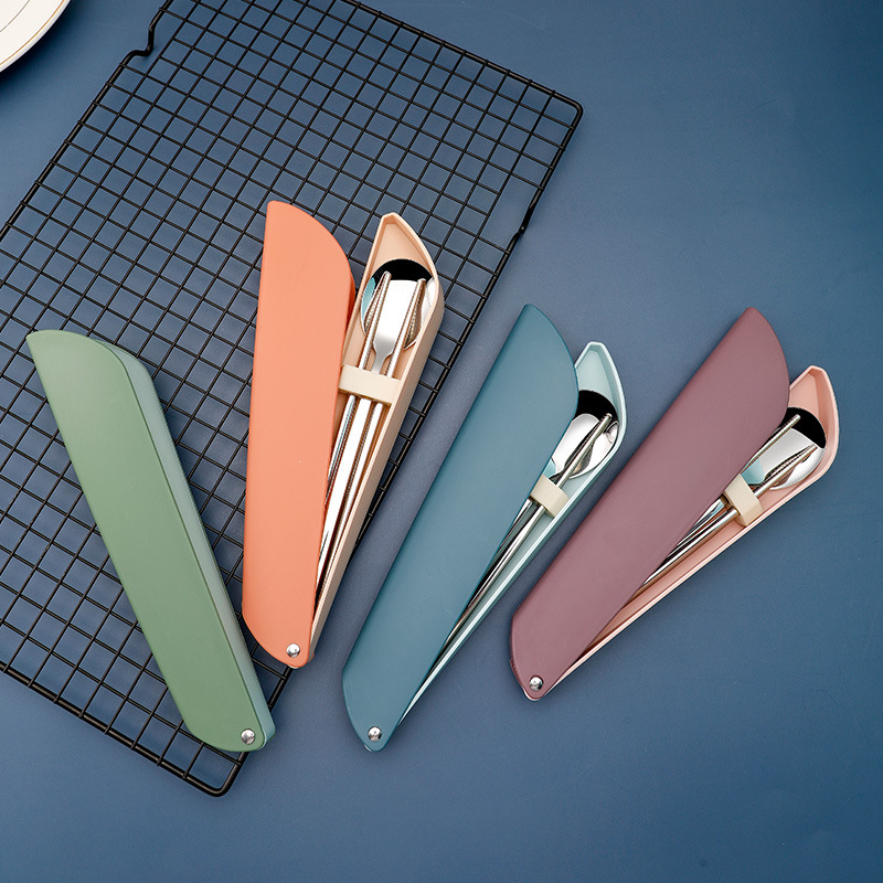 Nordic Color 304 Stainless Steel Tableware suit Stainless Steel Chopsticks Spoon Travel Student Portable Tableware Three-piece Set