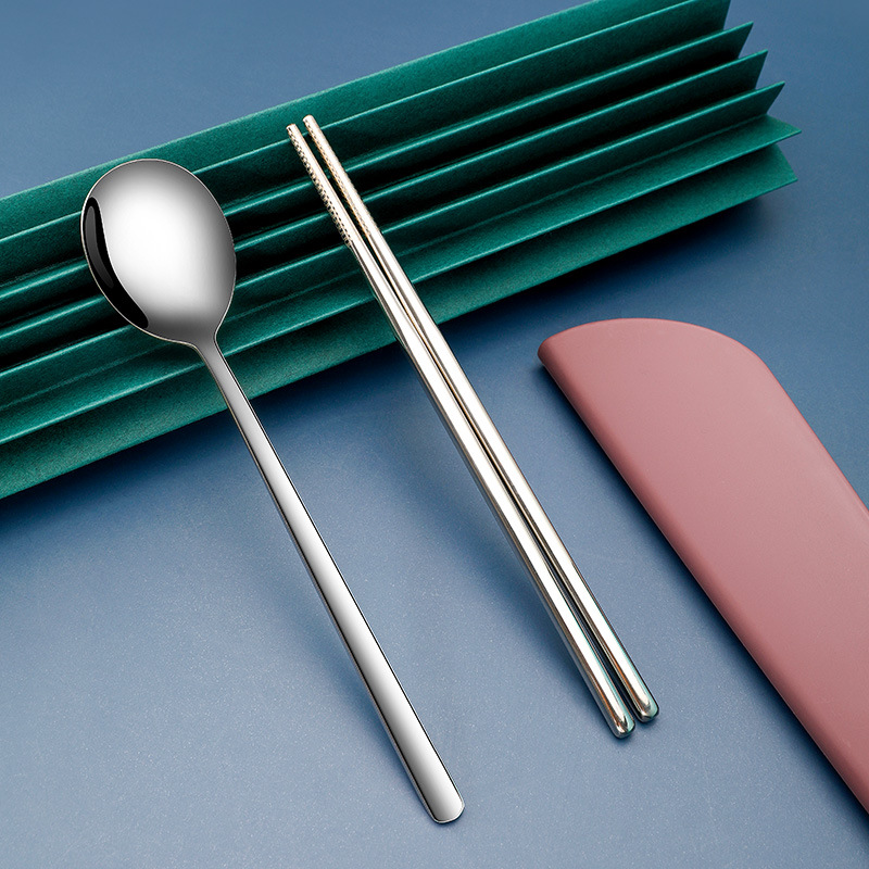 Nordic Color 304 Stainless Steel Tableware suit Stainless Steel Chopsticks Spoon Travel Student Portable Tableware Three-piece Set