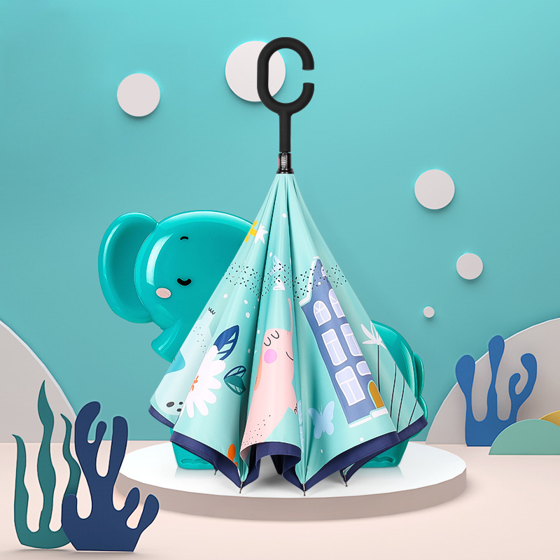 Umbrella wholesale reverse umbrella double-layer hands-free long handle children's umbrella Primary School students cute cartoon rain umbrella