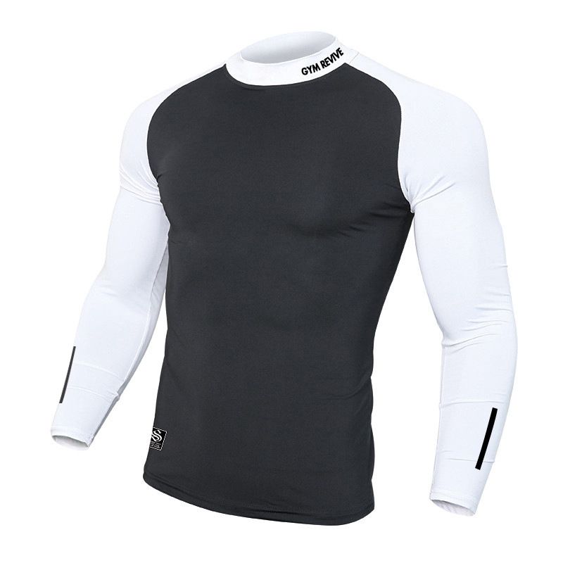 New Sports Outdoor Fitness Clothing Contrast Color Slim Fit European and American Men's Training Long Sleeve T-shirt Round Neck Breathable High Elastic