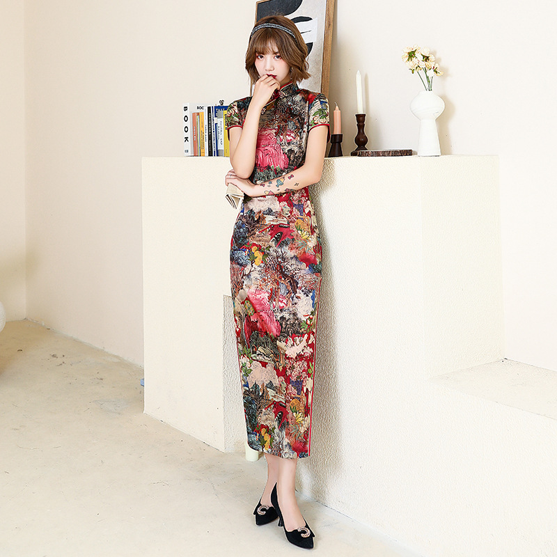 2023 New Summer and Autumn Long Cheongsam Dress Women's Dress Slim-fit Performance Mother's Performance Chinese Style Satin
