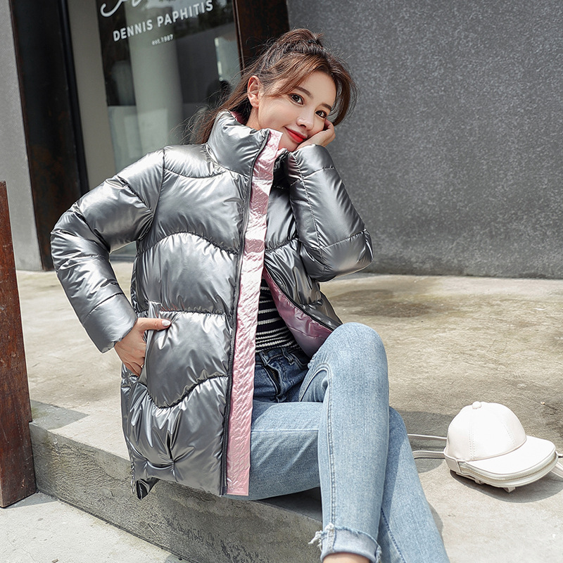 Bright Leather Cotton-padded Coat Women's Turtle Shell New Short Stand Collar Korean Loose Bread Suit Trendy Little Student Coat Winter Coat
