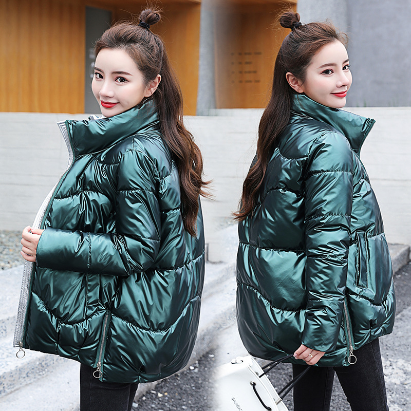 Bright Leather Cotton-padded Coat Women's Turtle Shell New Short Stand Collar Korean Loose Bread Suit Trendy Little Student Coat Winter Coat