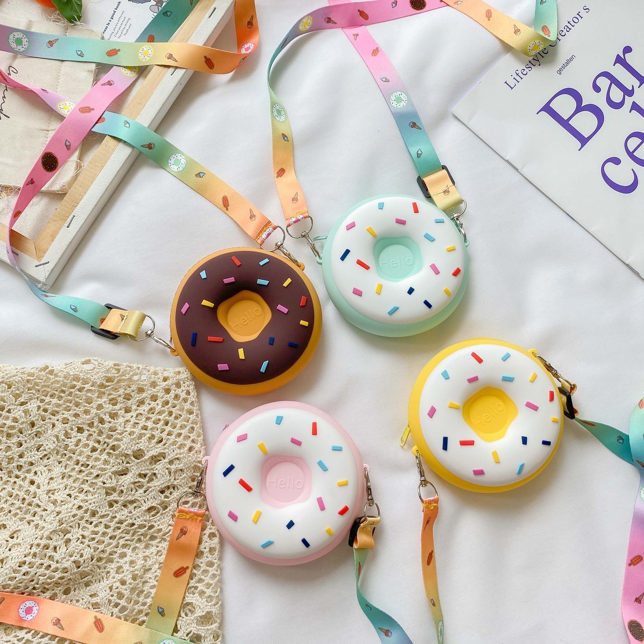 Children's Small Shoulder Bag Cartoon Cute Girl's Accessories Bag Wide Shoulder Strap Crossbody Bag Donut Silicone Small Round Bag