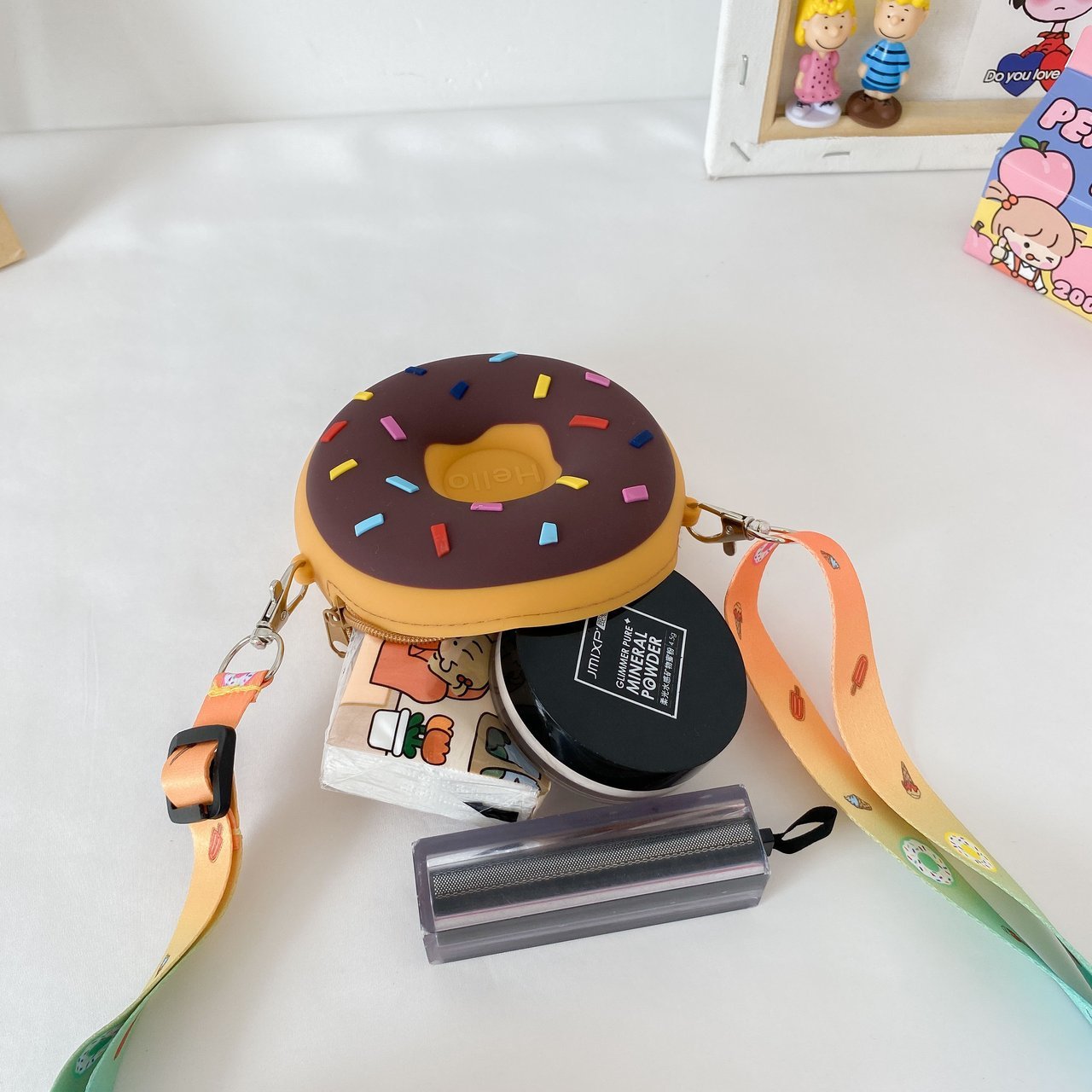 Children's Small Shoulder Bag Cartoon Cute Girl's Accessories Bag Wide Shoulder Strap Crossbody Bag Donut Silicone Small Round Bag