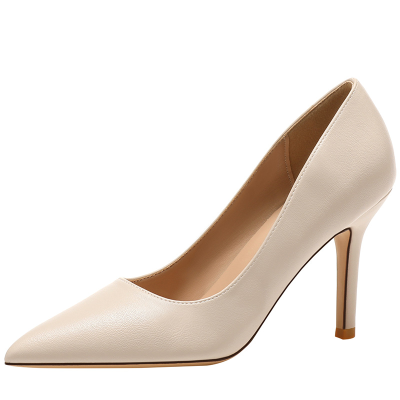 High-heeled shoes women's 2023 New stiletto pointed white shallow mouth shoes black soft leather large size women's shoes 41-43