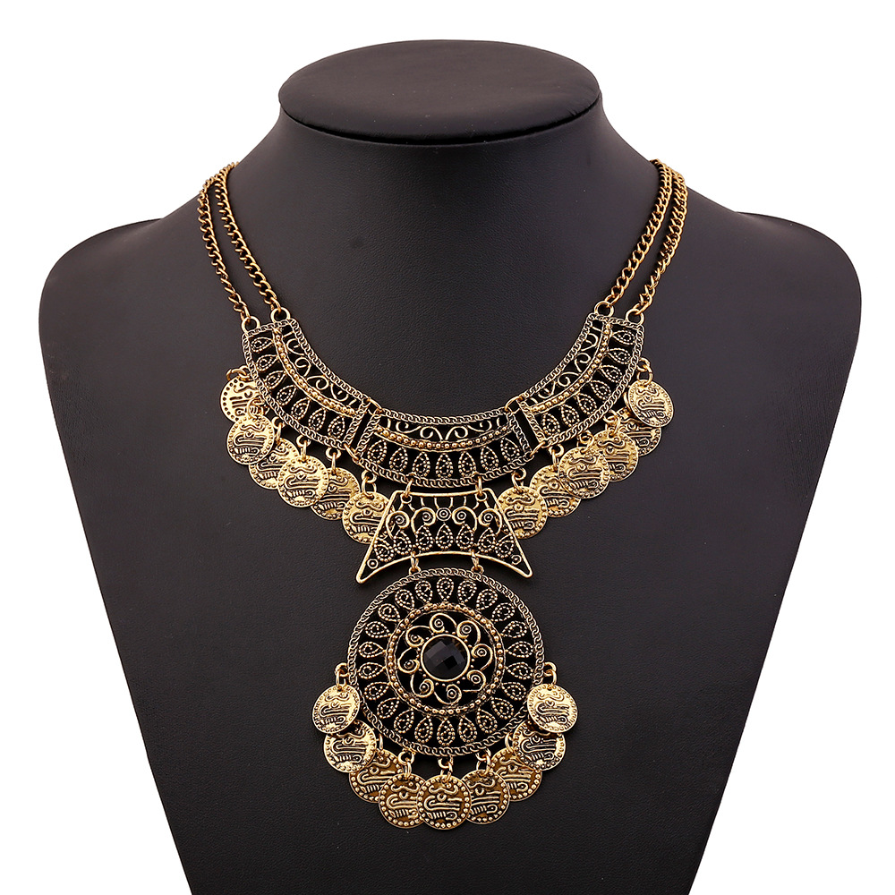 Factory direct European and American fashion personality retro exaggerated luxury tassel coins gem necklace hot new