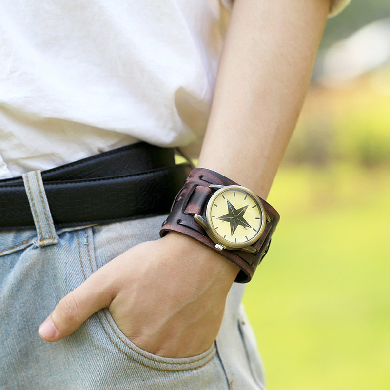 Europe and the United States cross-border new jewelry personalized atmosphere retro men's leather watch punk style wide leather bracelet bracelet