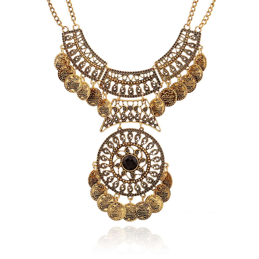 Factory direct European and American fashion personality retro exaggerated luxury tassel coins gem necklace hot new