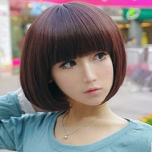 Girls' short hair BOBO wig with neat bangs round face student hair BOBO head medium long straight pear flower