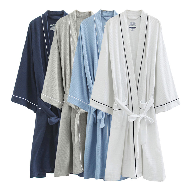 Hotel spring and summer couple waffle bathrobe soft cotton bathrobe hot spring nightgown with extra large size