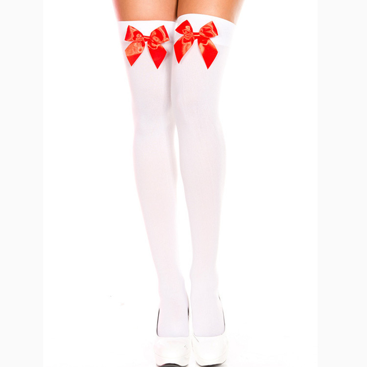 Sexy Red Bow White Stockings Velvet Over-the-Knee Stockings Micro-through 80D Women's Thigh Stockings Stockings_voghion.com