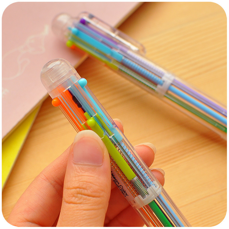 Korean creative stationery cute multi-color ballpoint pen transparent rod multi-function push color oil pen 6 refills