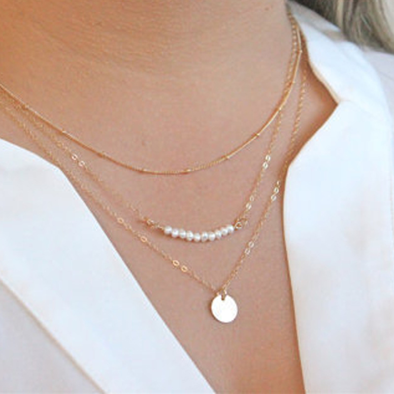 European and American foreign trade hot new copper bead chain Pearl round sequin multi-layer set short necklace
