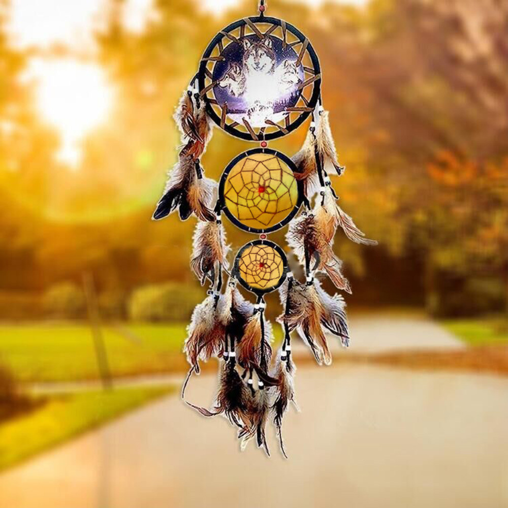 Indian Dream Catcher Wolf Head Oil Painting Dream Catcher Home Wall Decoration Wall Hanging Natural Feather Pendant Big Dream Catcher