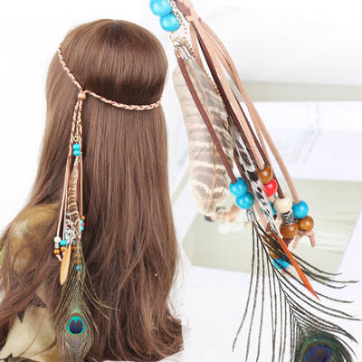 F56 Indian Colored Beads Peacock Feather Leather Rope Pendant Hair Accessories Ethnic Bohemian Hair Belt